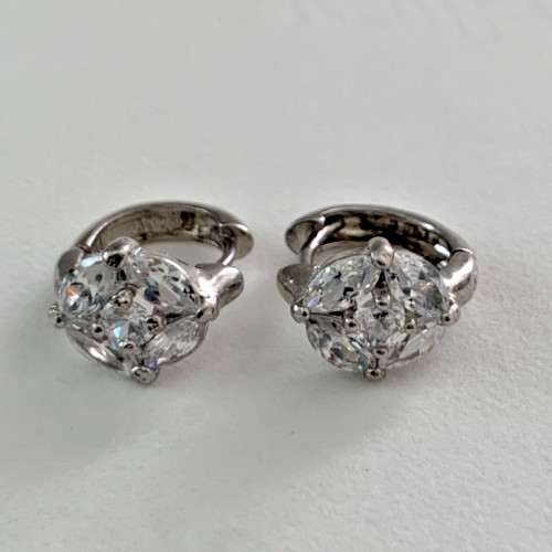 Marquise Cut Cubic Zirconia Floral Huggie Hoop Earrings in Solid Sterling Silver