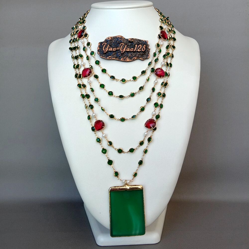 5 Strands 18” White Pearl Green Crystal Chain Necklace Green Agate Pendant
