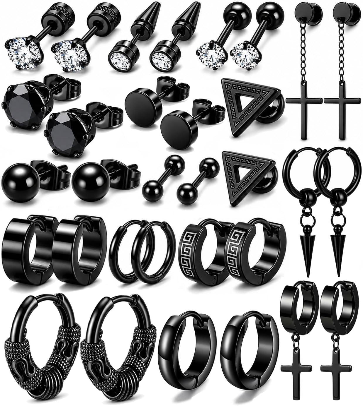 16 Pairs Men Earrings Set -Stainless Steel Cross Dangle Hoop & Ear Stud