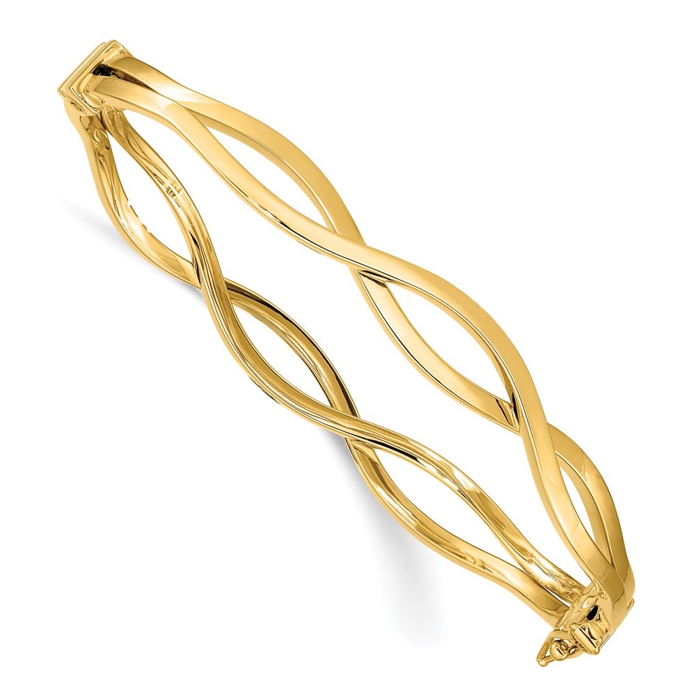 14K Yellow Gold Polished Wavy 7.00mm Hinged Oval Bangle Bracelet