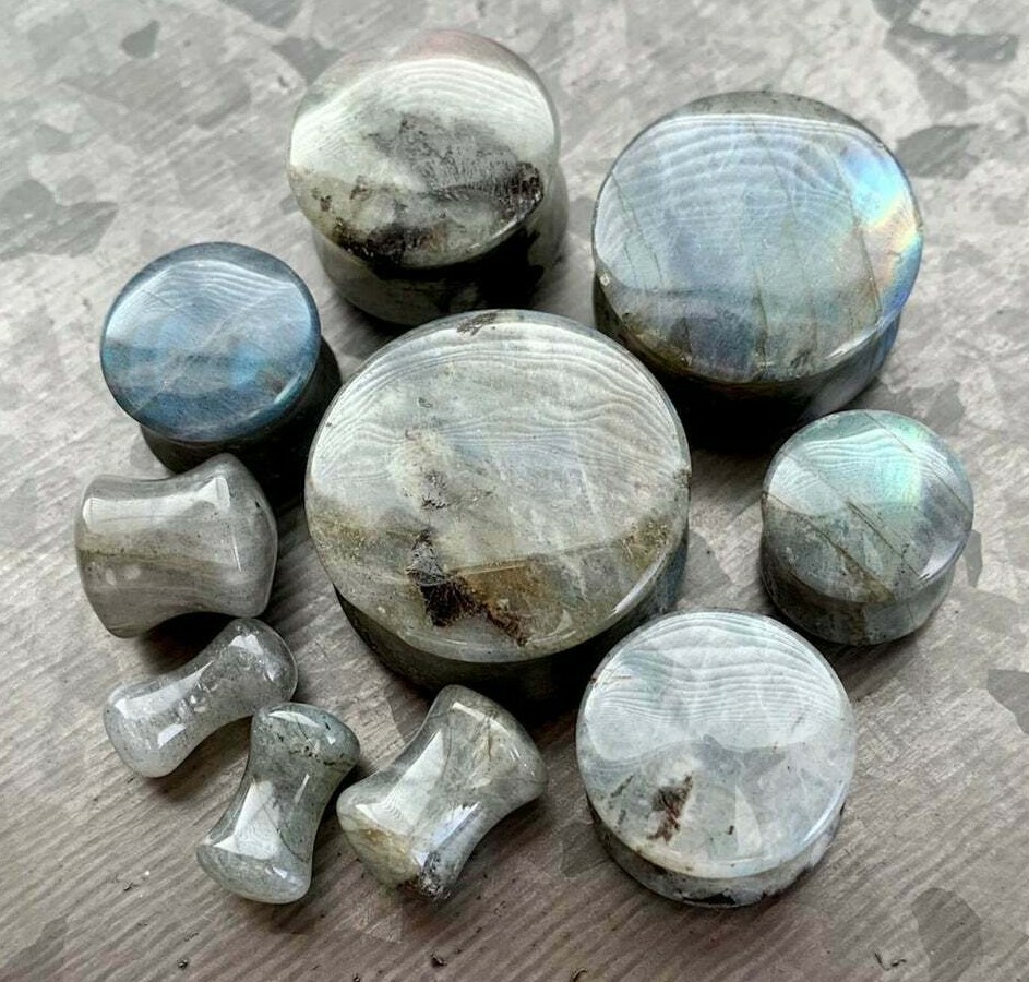 PAIR Labradorite Natural Stone Double Flare Plugs Organic Earlets Gauges