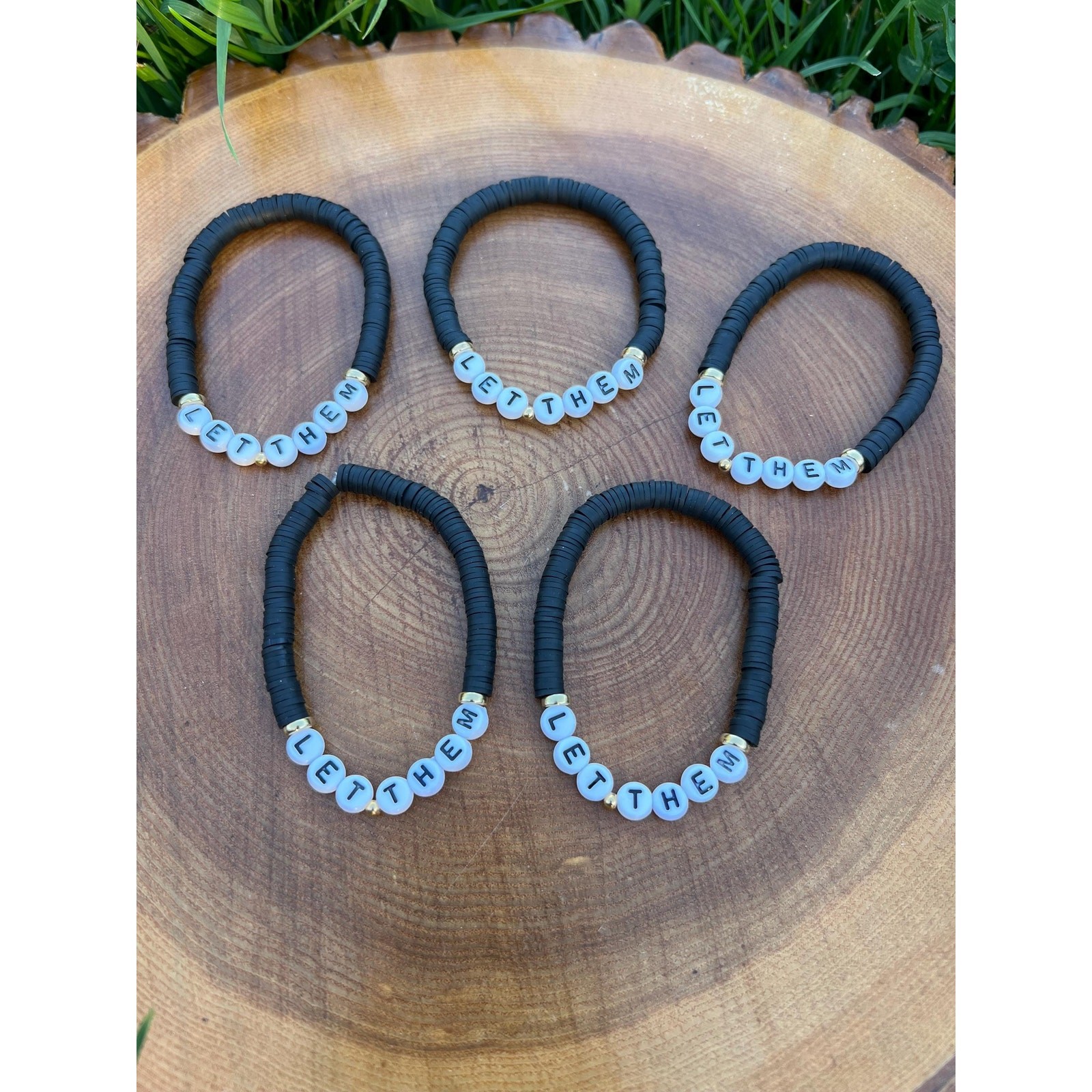 LET THEM BRACELET, black white gold, beaded stretch bracelet, inspirational