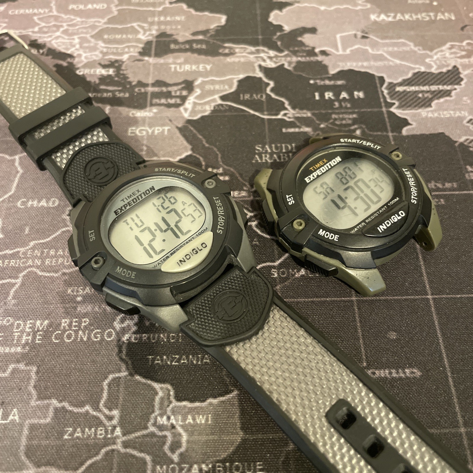 Lot Of 2 Timex T49993 Digital Watches Olive And Gray. Indiglo Not Working