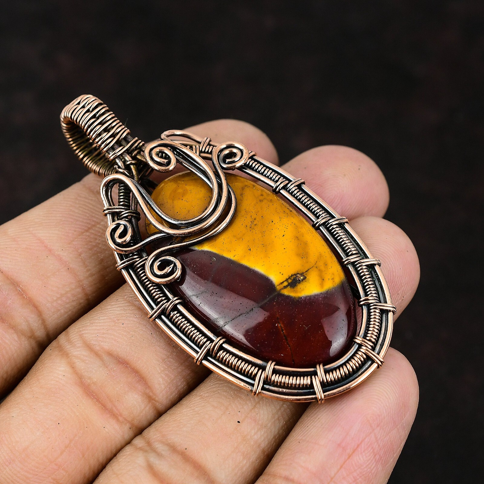Mookaite Gemstone Wire Wrapped Pendant Copper Handmade Jewelry For Women 2.64″