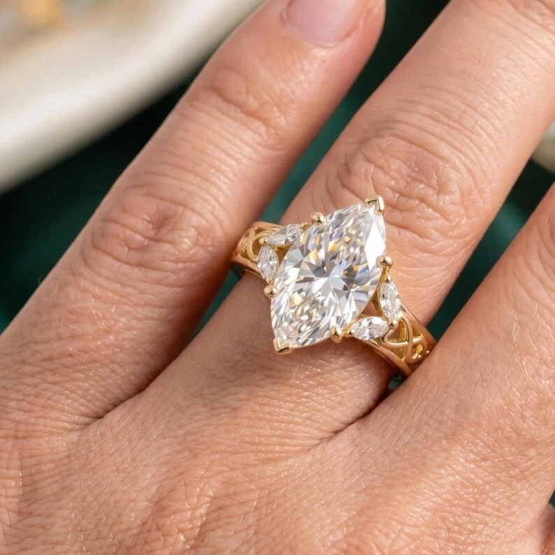 IGI 4.20Ct Marquise F-VS1 Lab Grown Diamond Women Wedding Ring 14k Yellow Gold