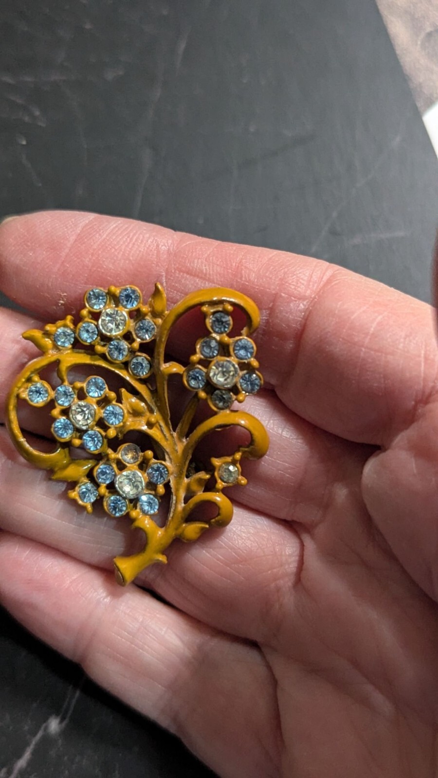Vintage Mustard Yellow Enamel Blue Rhinestone Flower Brooch Pin 2 Inch Floral