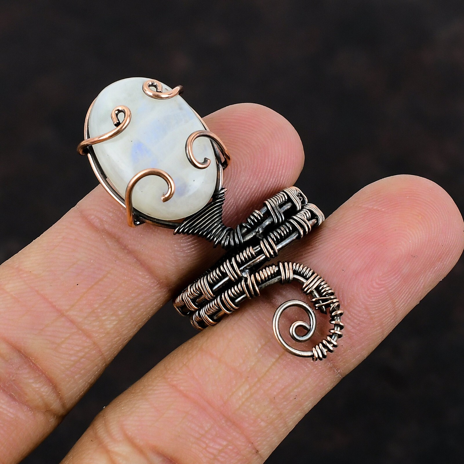 Rainbow Moonstone Copper Gift For Friend Wire Wrapped Promise Adjustable Ring