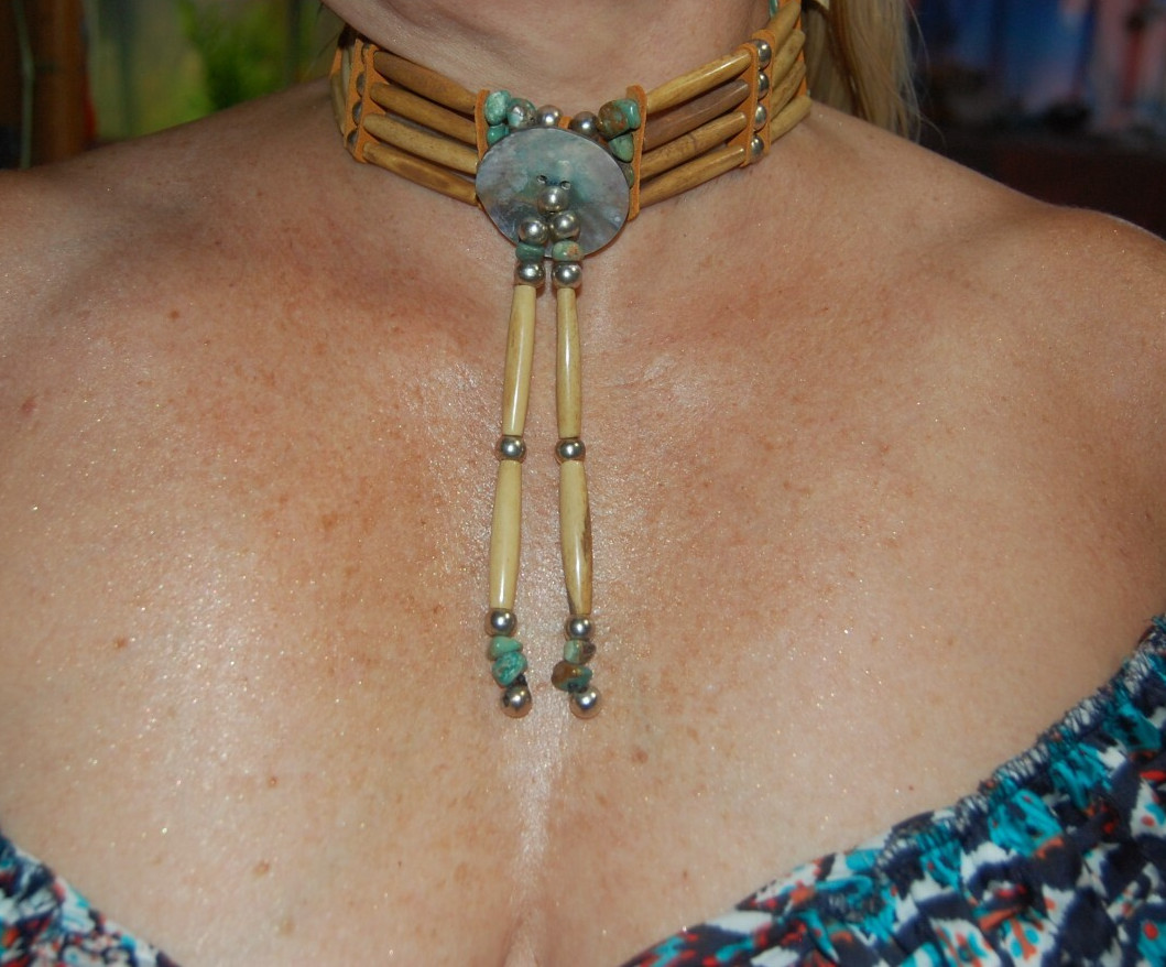 Antiqued Buffalo bone Hair-pipe Choker Necklace Abalone Turquoise Native Tribal