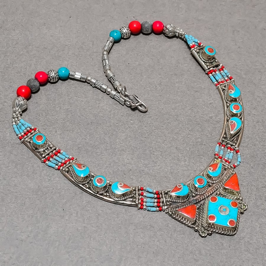 Turquoise Red Coral Gemstone Necklace Tibetan Handmade Nepali Jewelry 18″ N154
