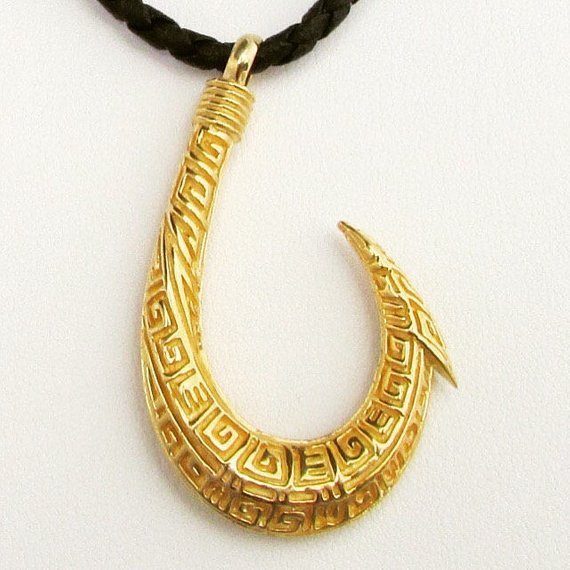 Maui Fishing Hook Necklace. 18K Gold Vermeil Hawaii. Tribal Design.