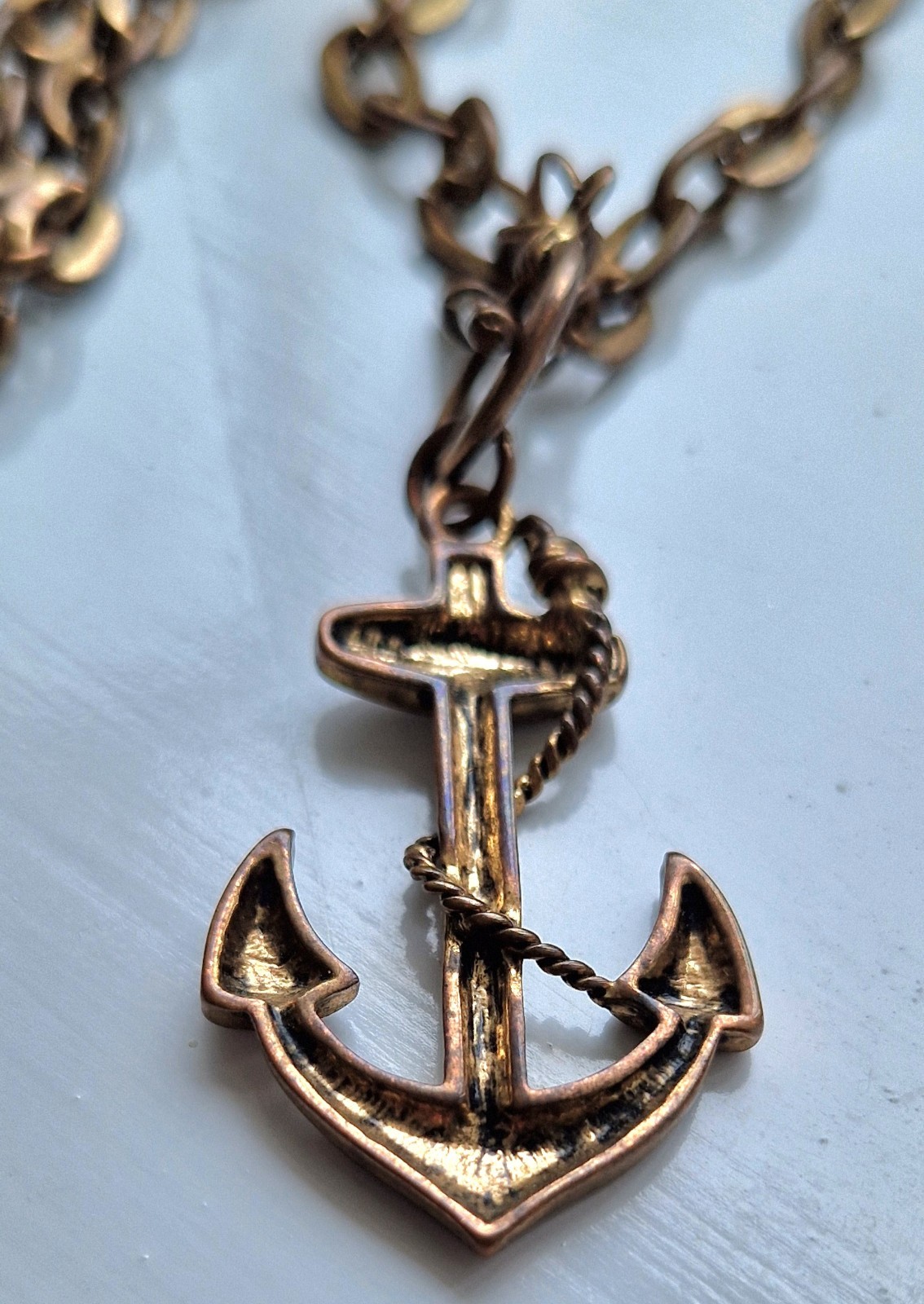 Vintage Copper-Tone Anchor Pendant Necklace Chunky Chain & Toggle Clasp Nautical