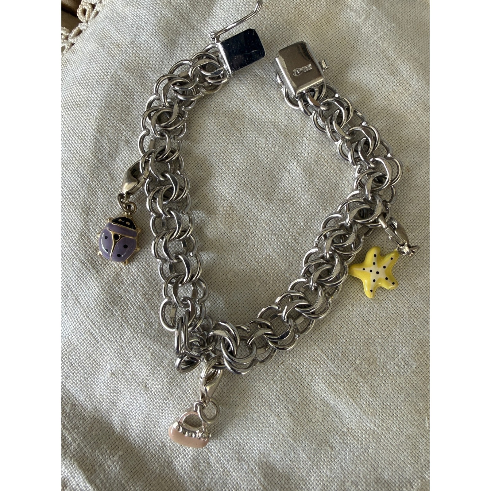 Vtg. American Sterling Double Link Charm Bracelet with 3 Charms Safety Chain 8″