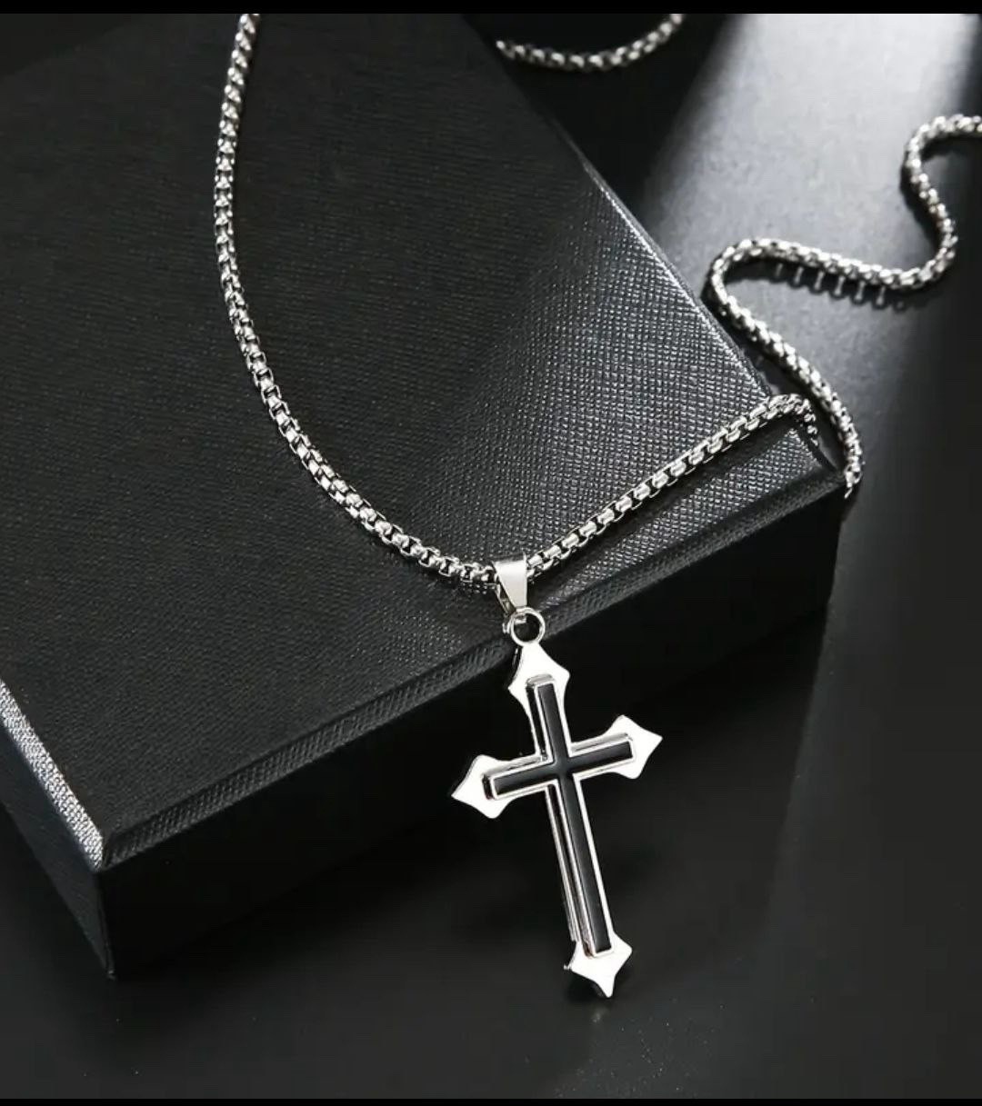 Men’s Stainless Steel Cross Pendant Necklace Silver Rope Chain 23.62in
