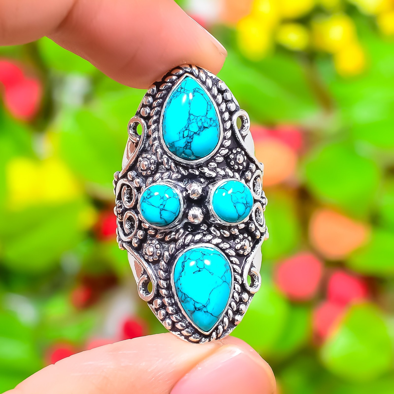 Santa Rosa Turquoise Gemstone 925 Sterling Silver Gift Jewelry Ring Size 7 i844