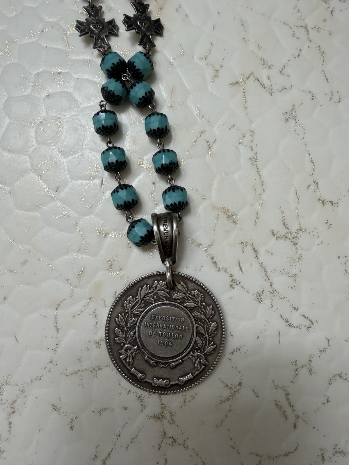 French Kande Turquoise Beads With Silver