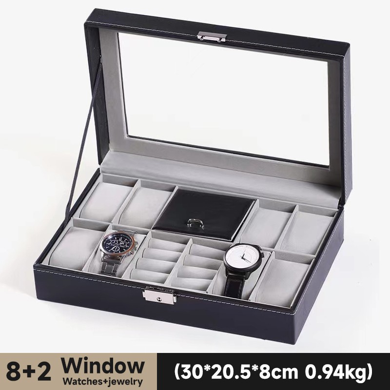 Mens Watch Box Display Case Storage Organiser PU Leather Holder Glass Top Gift