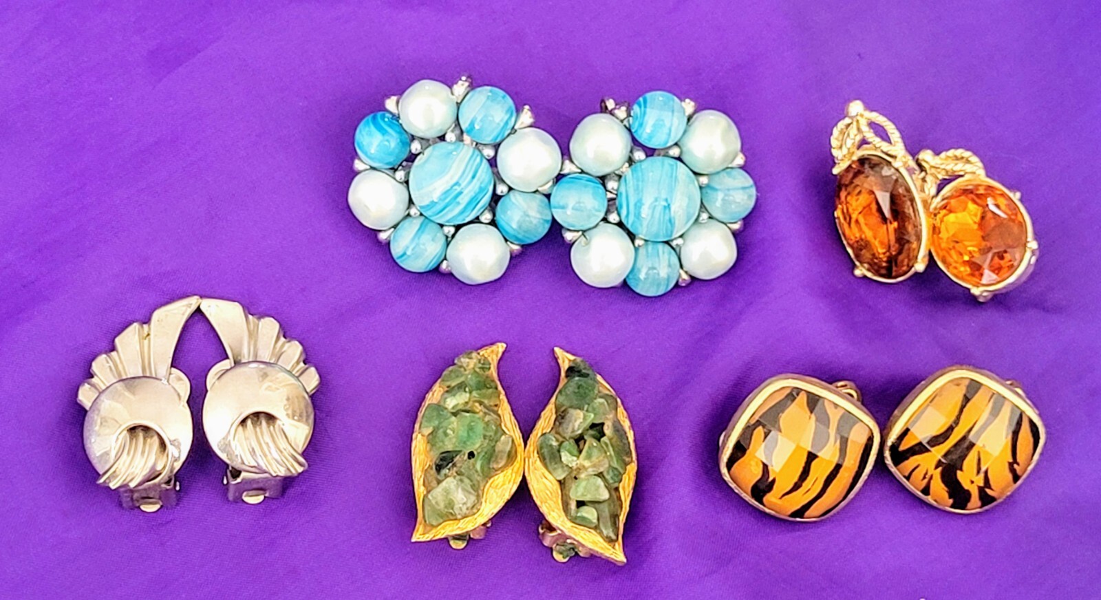 DESIGNER VINTAGE CLIP-ON EARRINGS 5-PR LOT CORO MARVELLA ALICE RHINESTONE JADE +