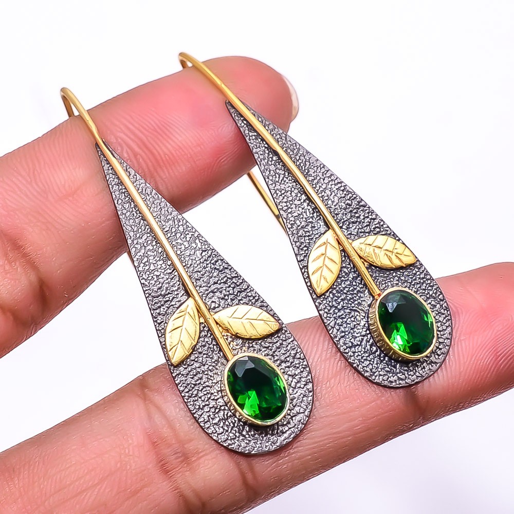 Emerald (Simulated) 925 Silver Black & Gold Rhodium Plated Earring 2.15″ E4