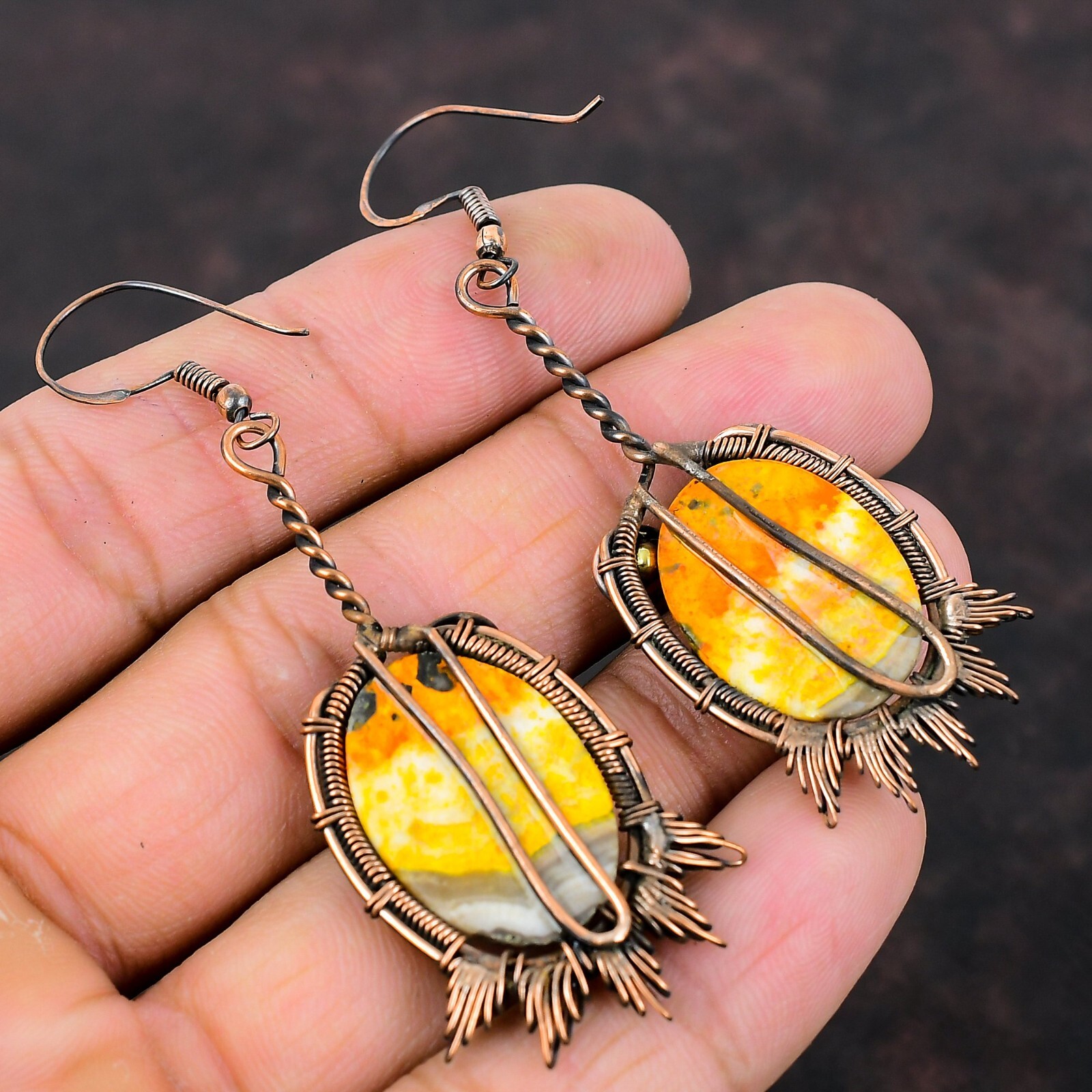Bumble Bee Jasper Wire Wrapped Drop/Dangle Earrings Copper For Girls 3.07″
