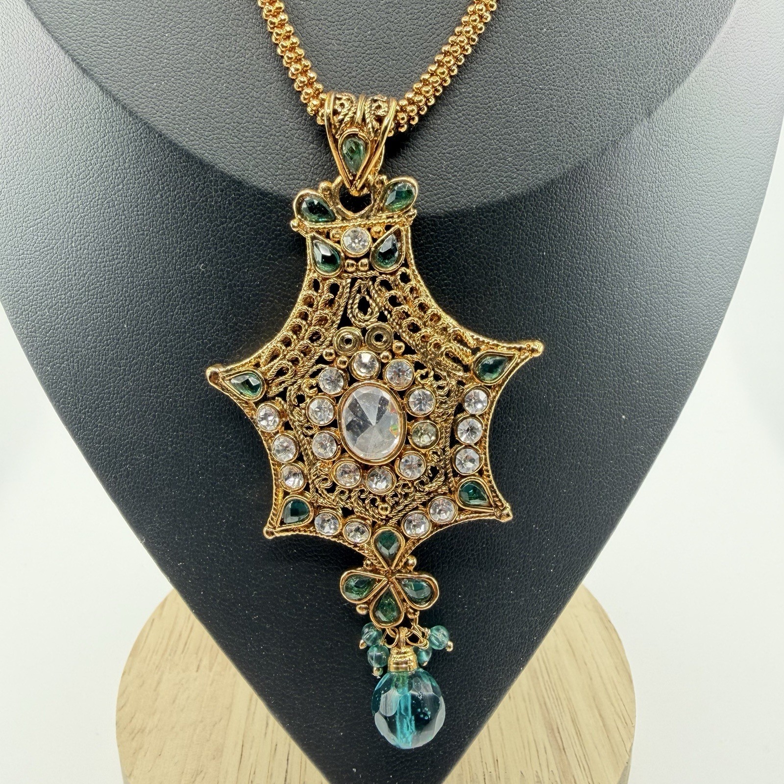 Gold Tone Ornate Multi Pointed Pendant Accented Clear Teal Rhinestone 16”