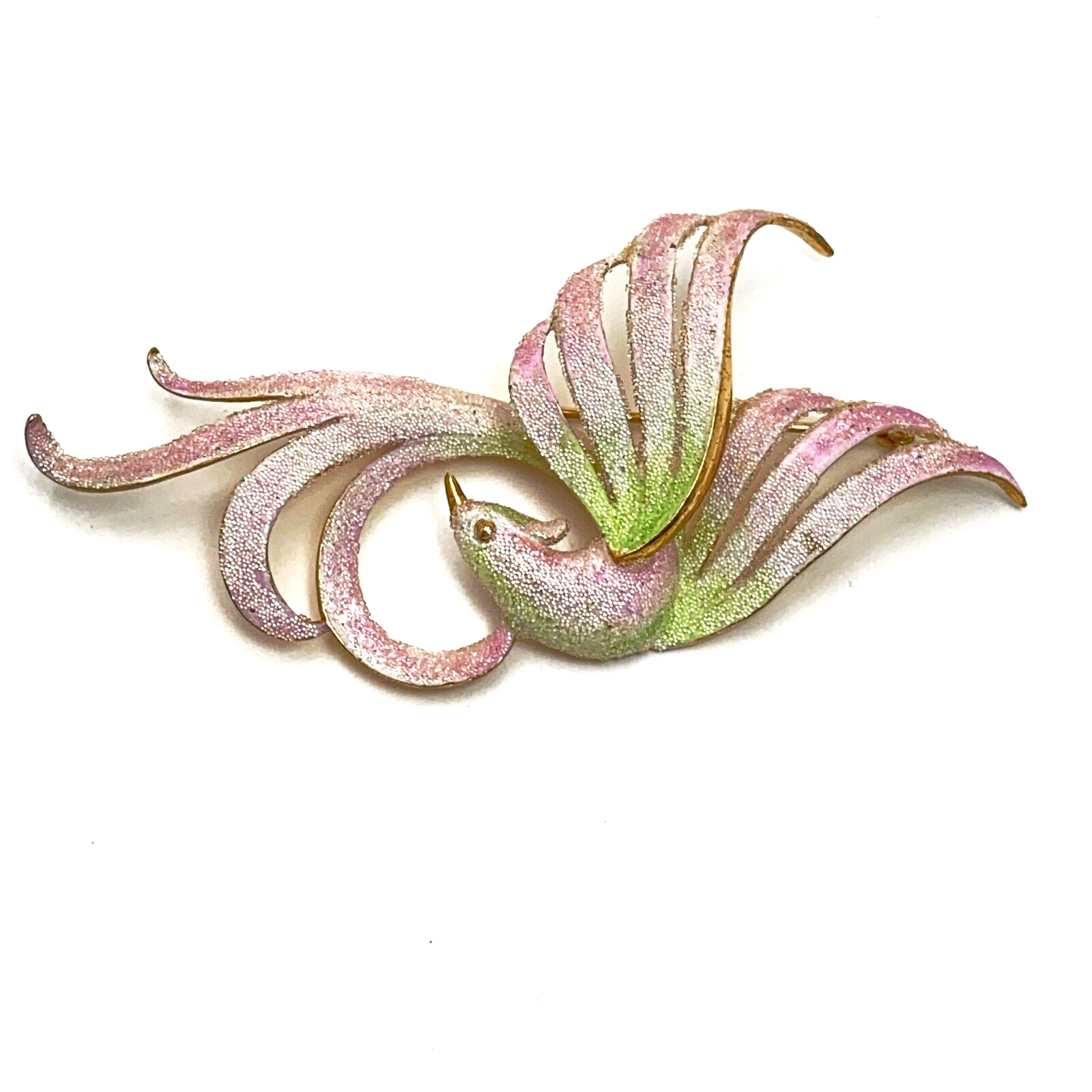 Vintage Brooch Bird of Paradise Pin Pink Green Coralene Sugar Glass Enamel