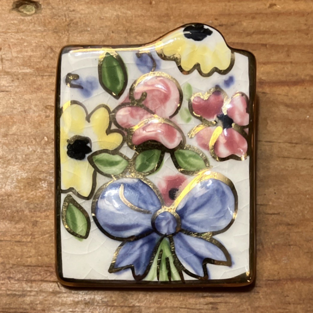 Handcrafted Multicolor Ceramic Enamel Floral Rectangle Brooch Pin, No Stone