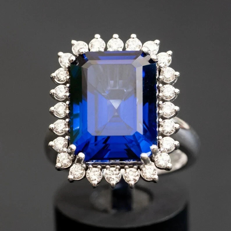 4.90 Ct Natural Sapphire & Diamond Engagement Ring 925 Sterling Silver