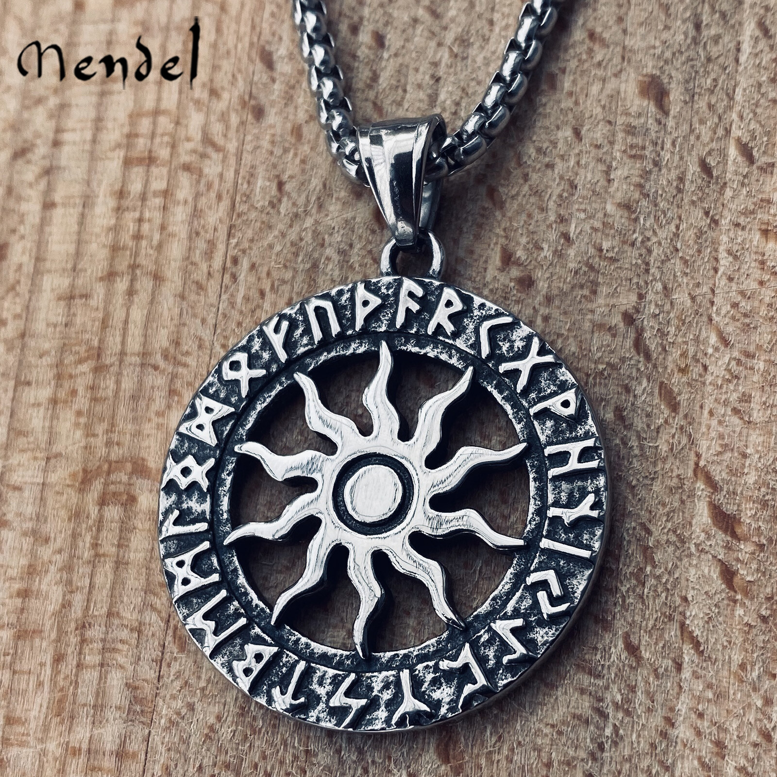 MENDEL Stainless Steel Norse Viking Rune Sun Protection Pendant Necklace Silver