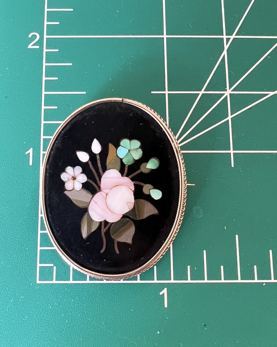 Vintage Antique Italian Pietra Dura Inlay 14k Yellow Gold Brooch Pin Flowers