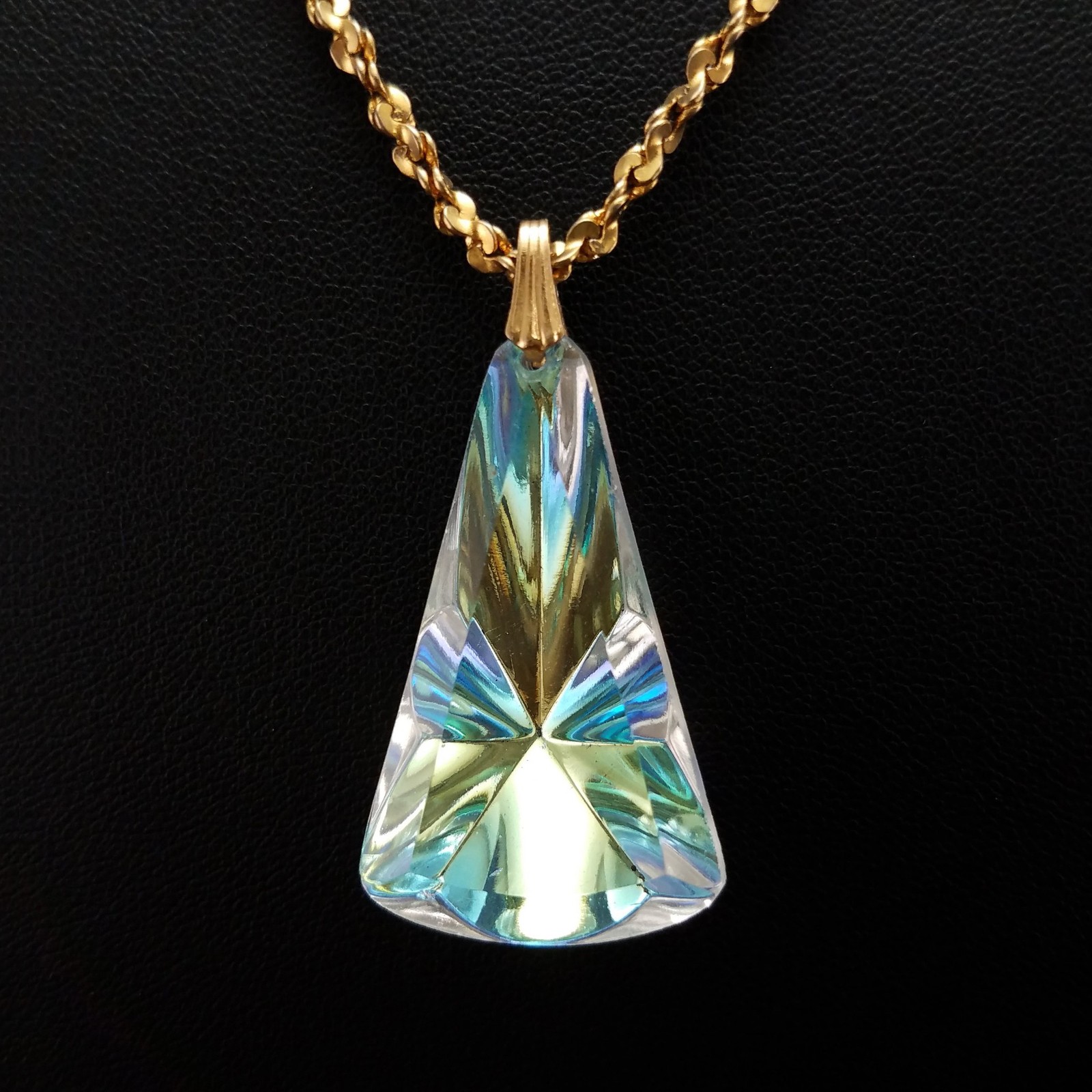 Vintage Watermelon Glass Pendant Necklace Gold Plated Twisted Chain Jewelry