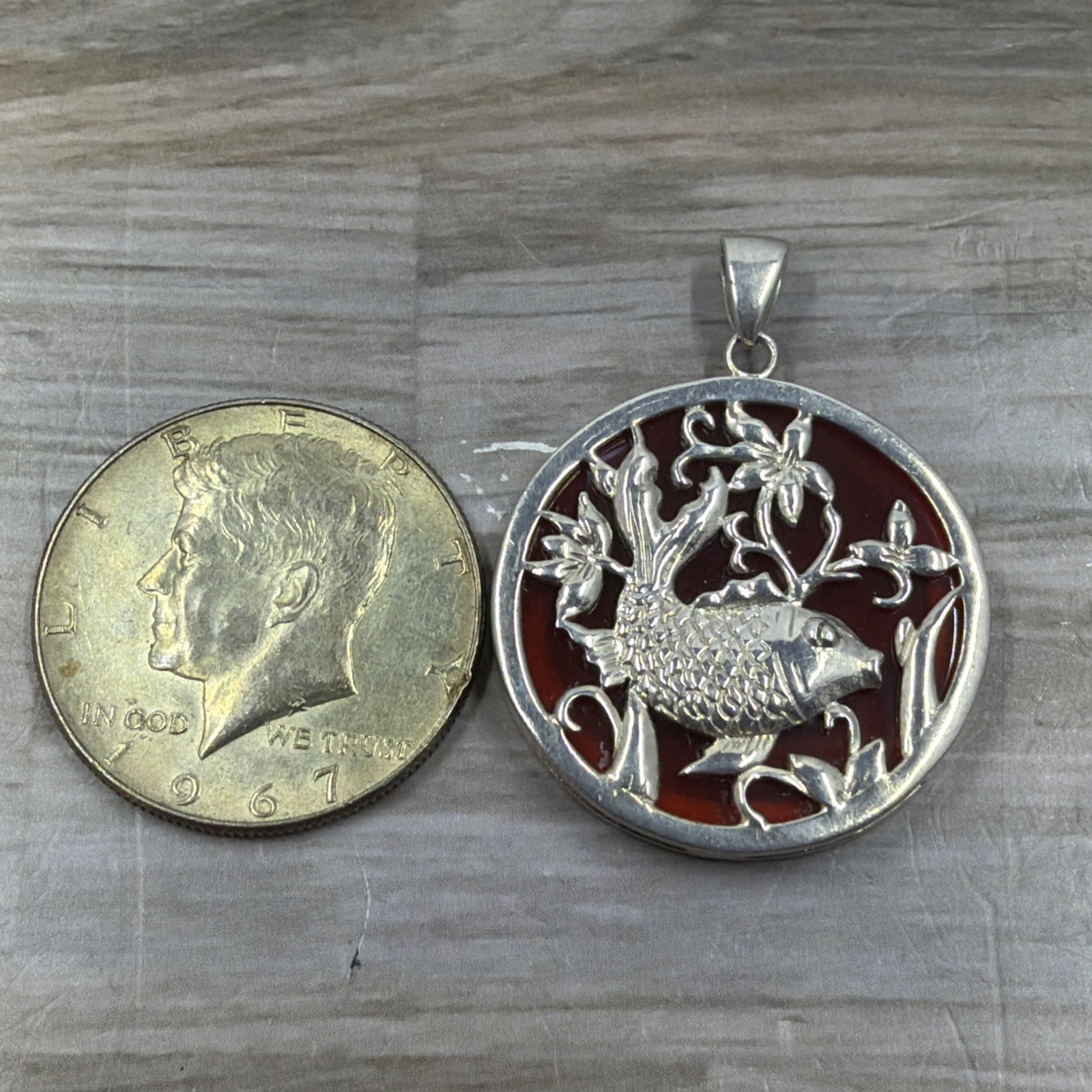 Vintage Sterling Silver Koi Fish Carnelian Pendant Round Filigree Medallion