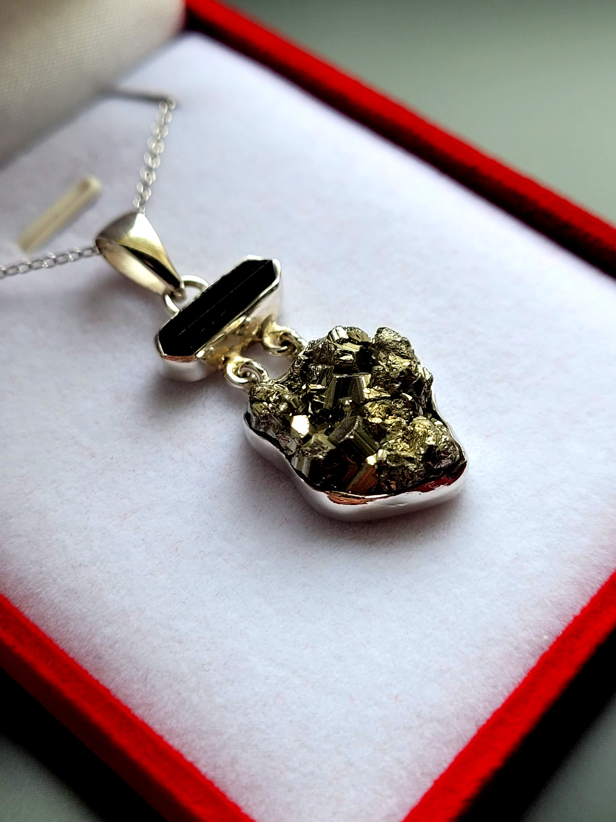 925 Silver Necklaces Pendant Black Tourmaline + Pyrite Druze Gemstone Jewellery
