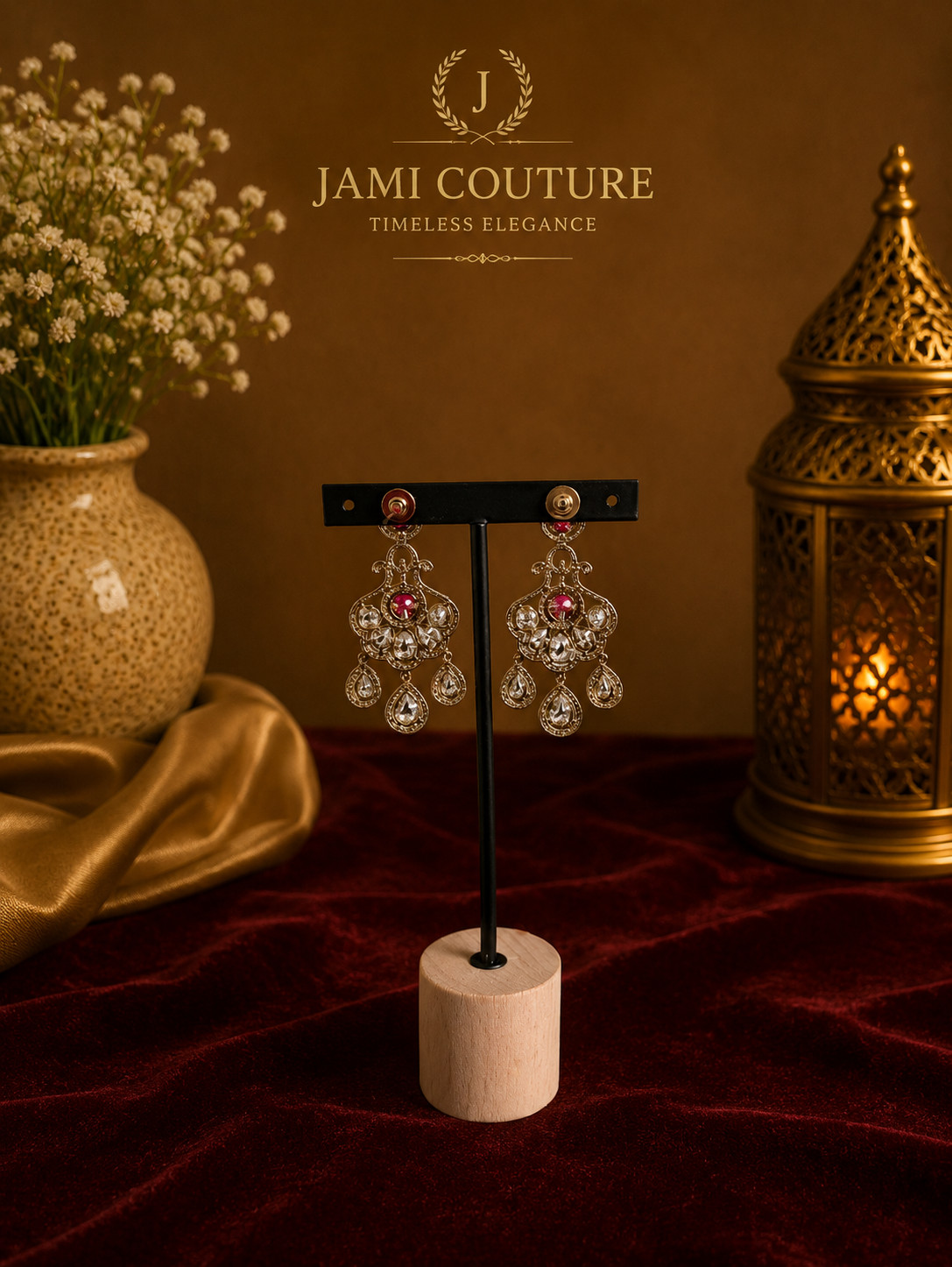 Indian Kundan Earrings AD CZ Ruby Red White Stone Chandelier Drop Bridal Wedding