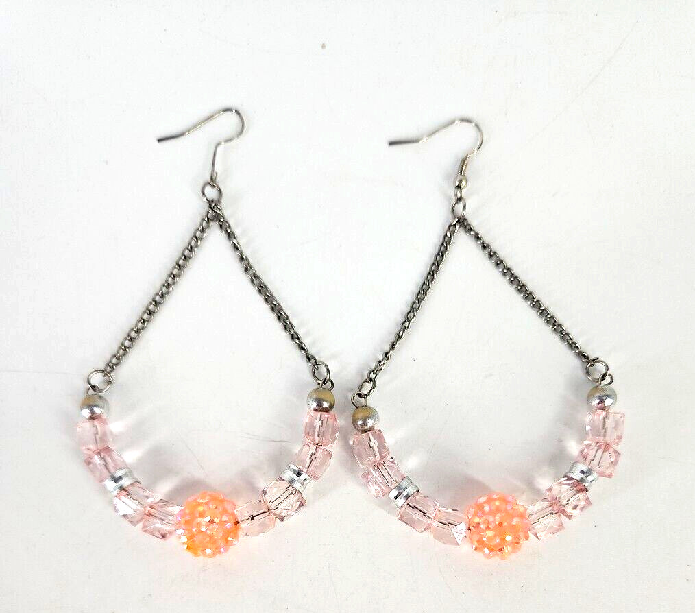Chandelier Fashion Earrings Drop Dangle Beaded Pink Silver Tone 3.75 in.