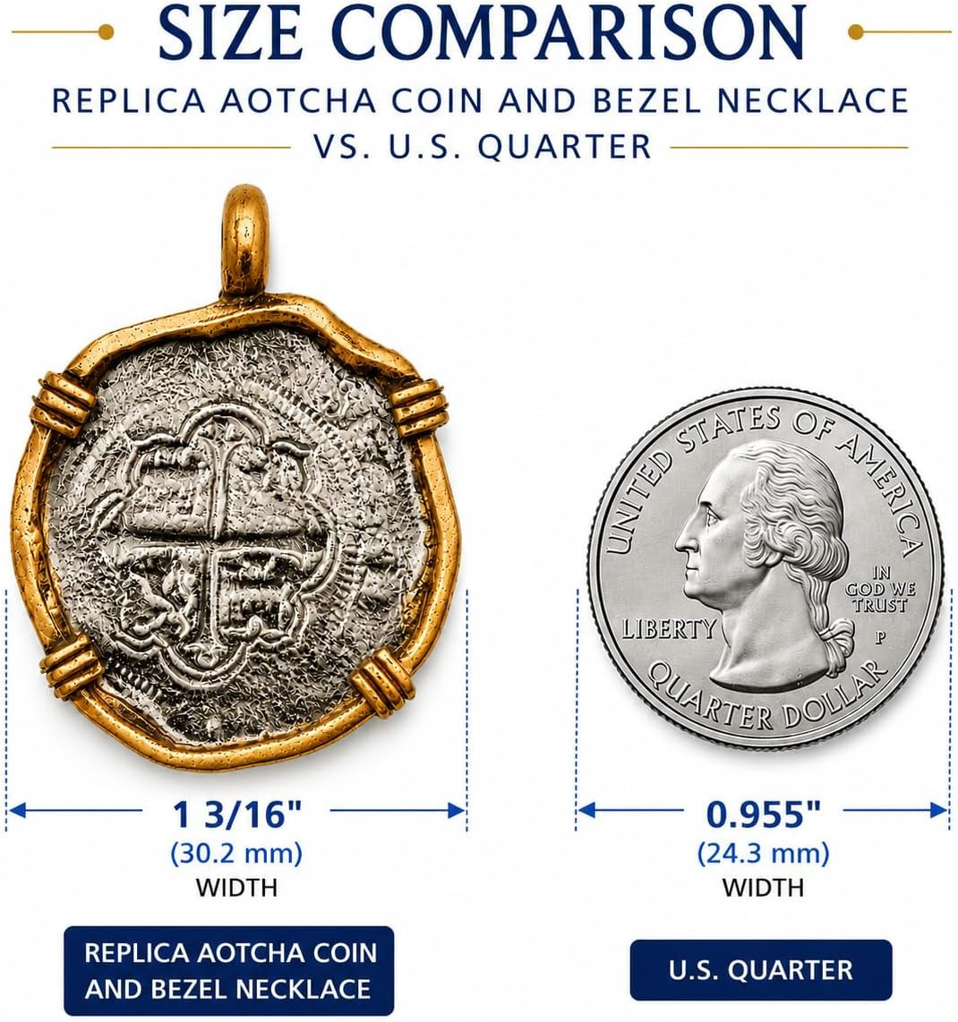 Atocha Shipwreck Replica Necklace Pendant Coin, Antique Silver Finish with Gold-