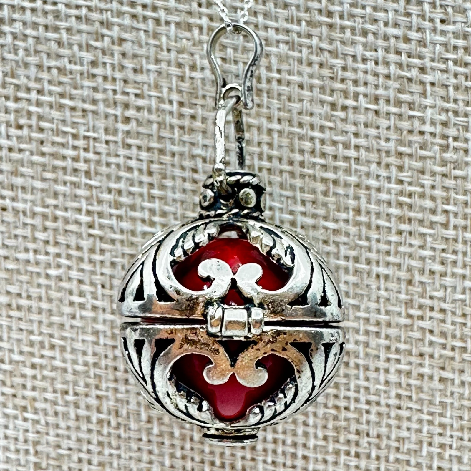 925 Sterling Silver Red Harmony Ball Pendant Cage Locket Chime Vintage