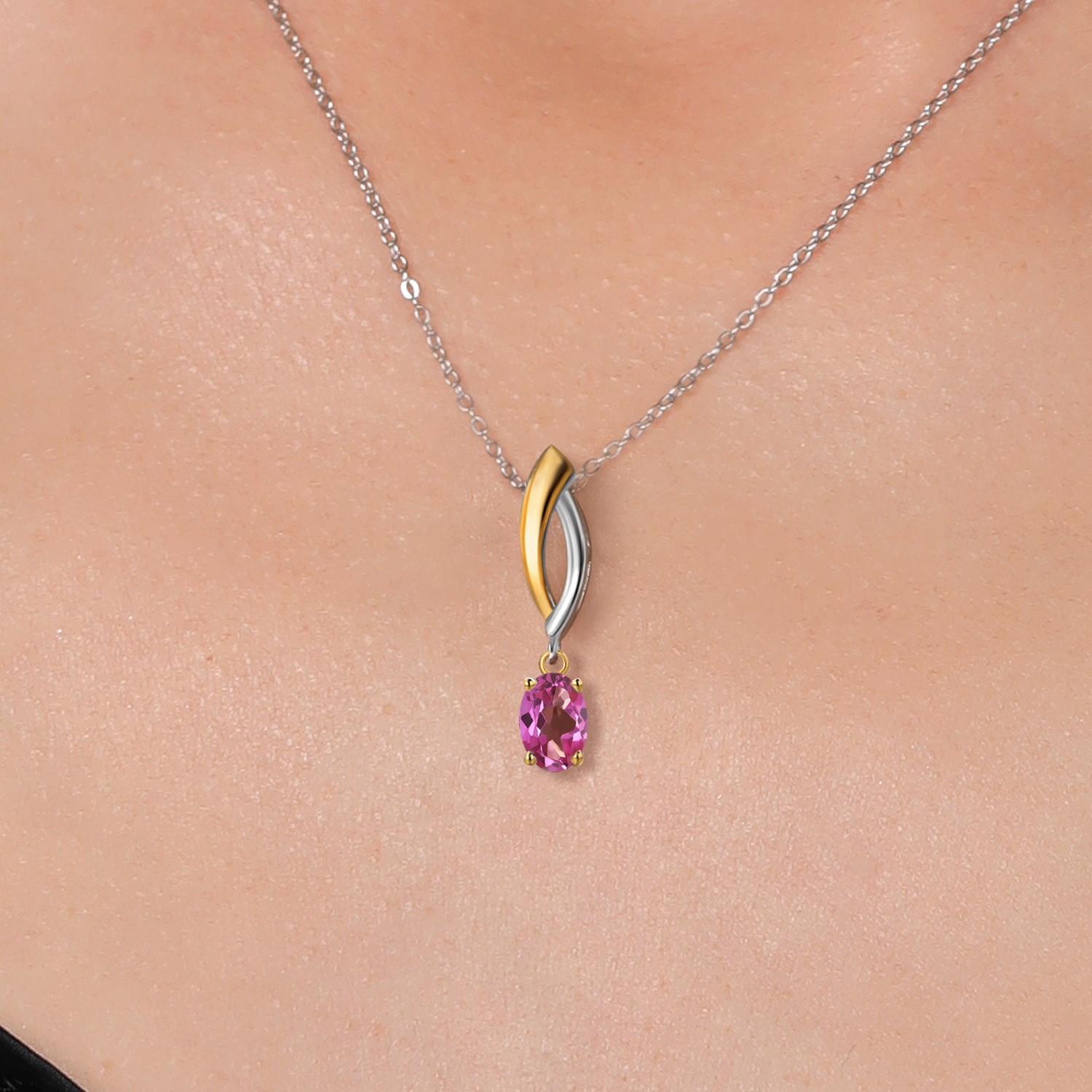 925 Silver and 10K Yellow Gold Pink Mystic Topaz Pendant Necklace for Women |