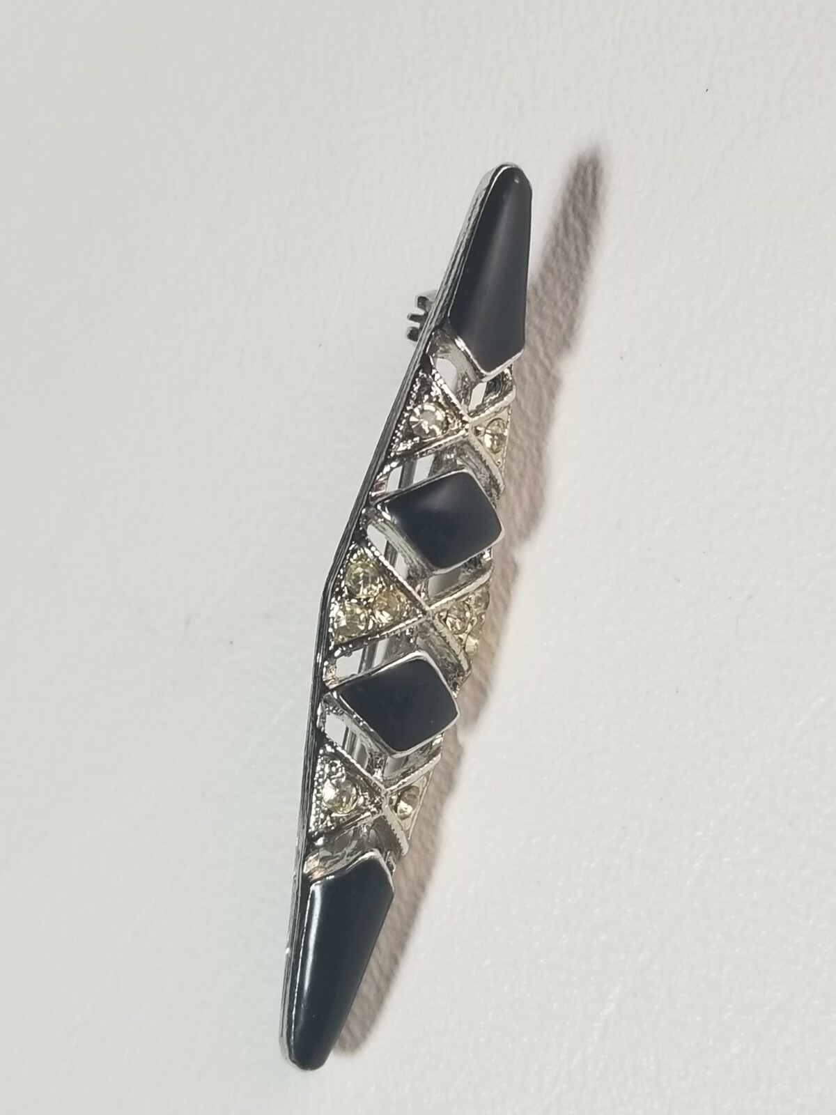 Art Deco Style Faux? Onyx Rhinestone Pin Brooch 2-1/8 in.