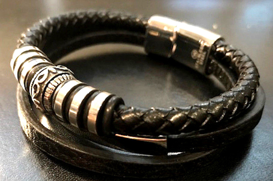 New Mens Black Multi Strap With Silver Magnetic Slide Closure 9” L x 1/2” W