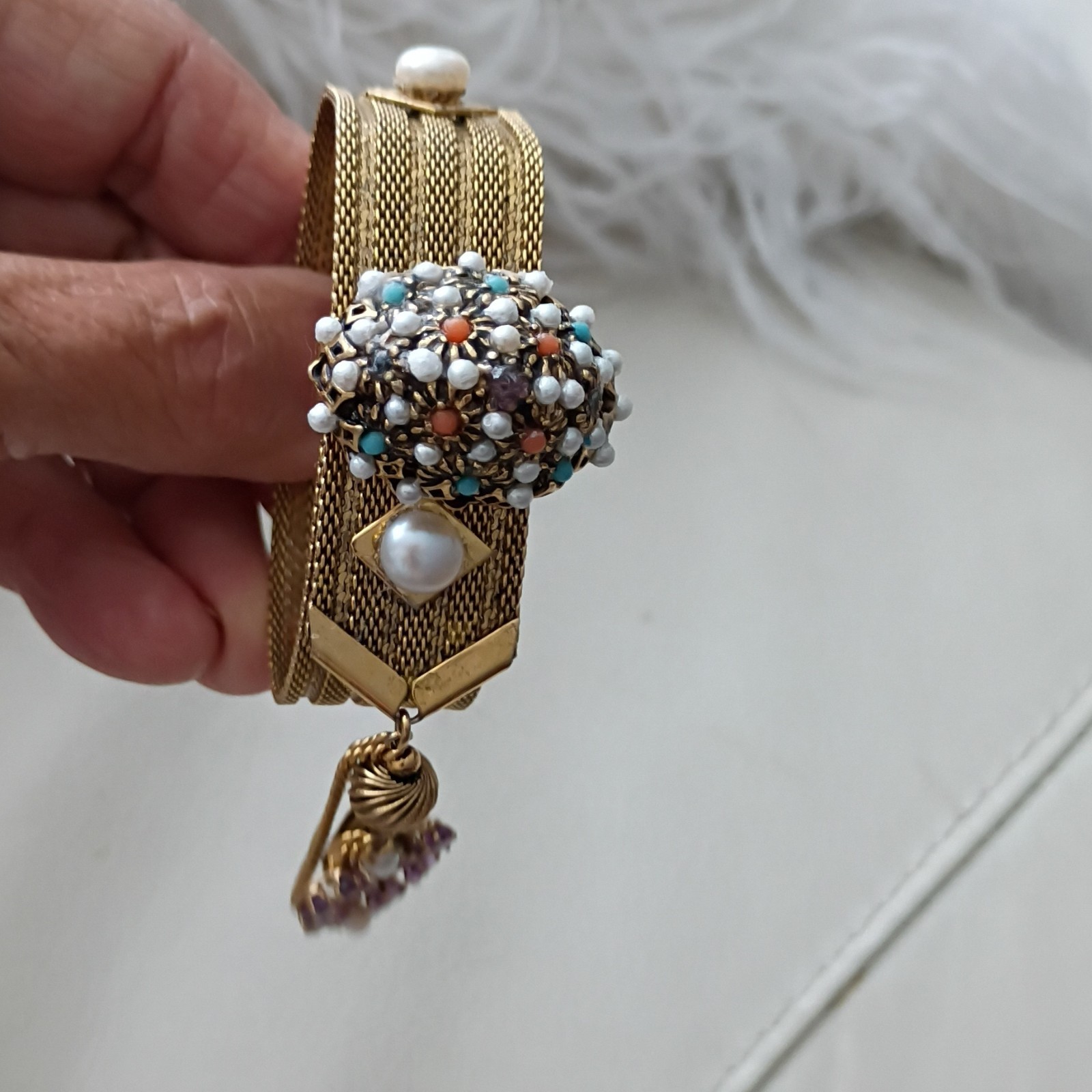 Gold Tone Mesh Cuff Bracelet Faux White Round Pearls Bead Cluster Dangle Charm