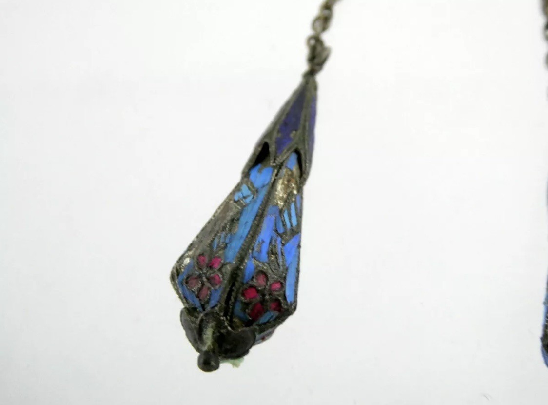 Rare Antique Chinese Kingfisher Bird Feather Silver Drop Dangle Earrings