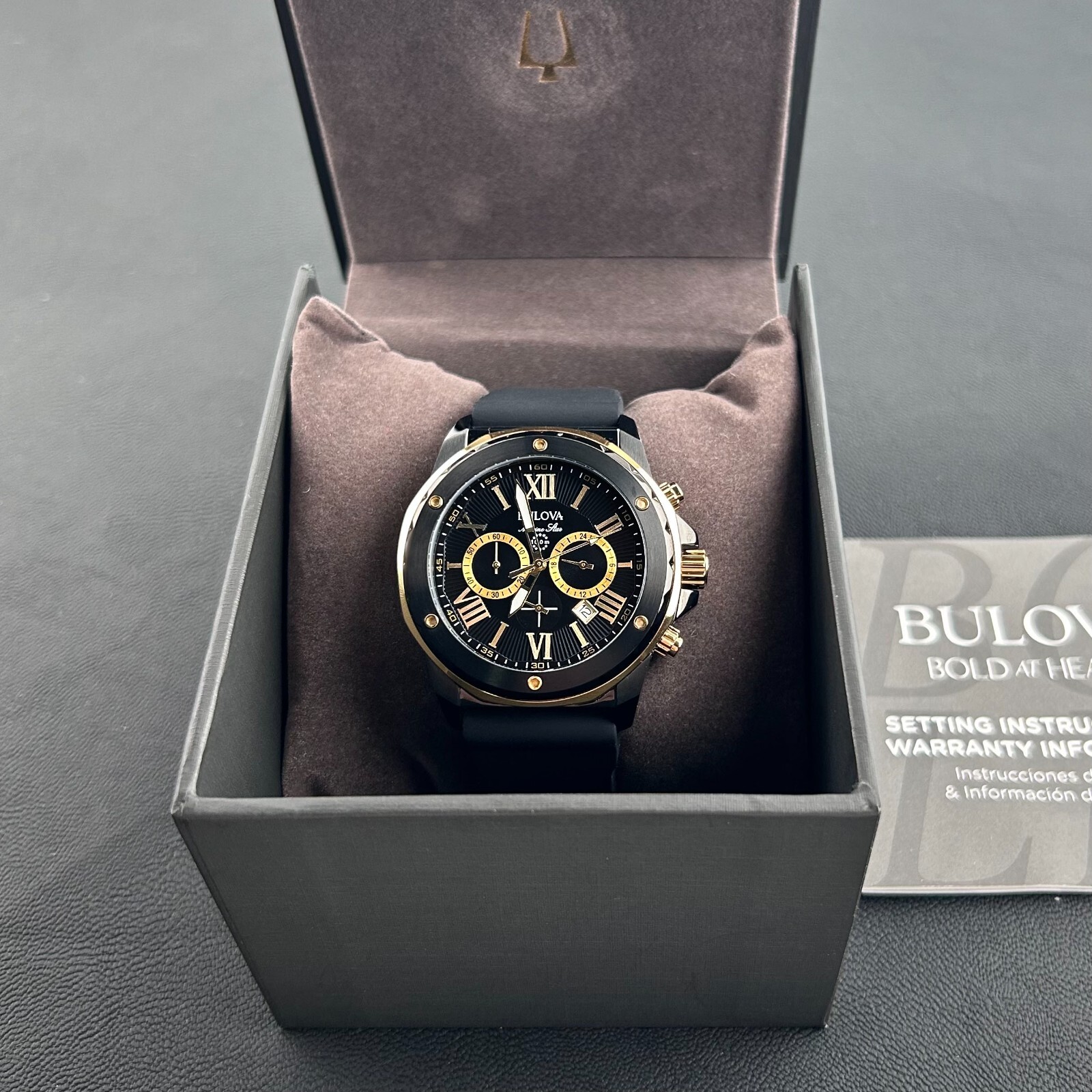 Bulova Marine Star Men’s Black Dial Black Rubber Strap 44mm Quartz Watch 98B278