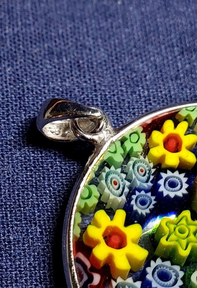 Vintage Millefiori flower pendant in Sterling Silver finding