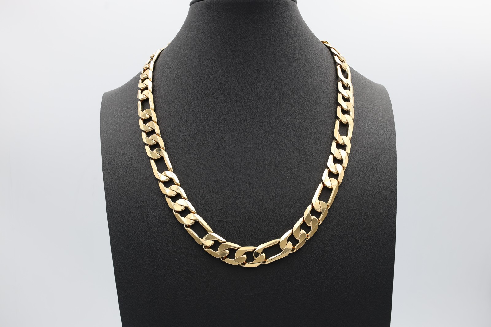 Large 12mm Flat Figaro Chain Necklace: 14k Heavy Gold Plated, 12mm Bracelet Set