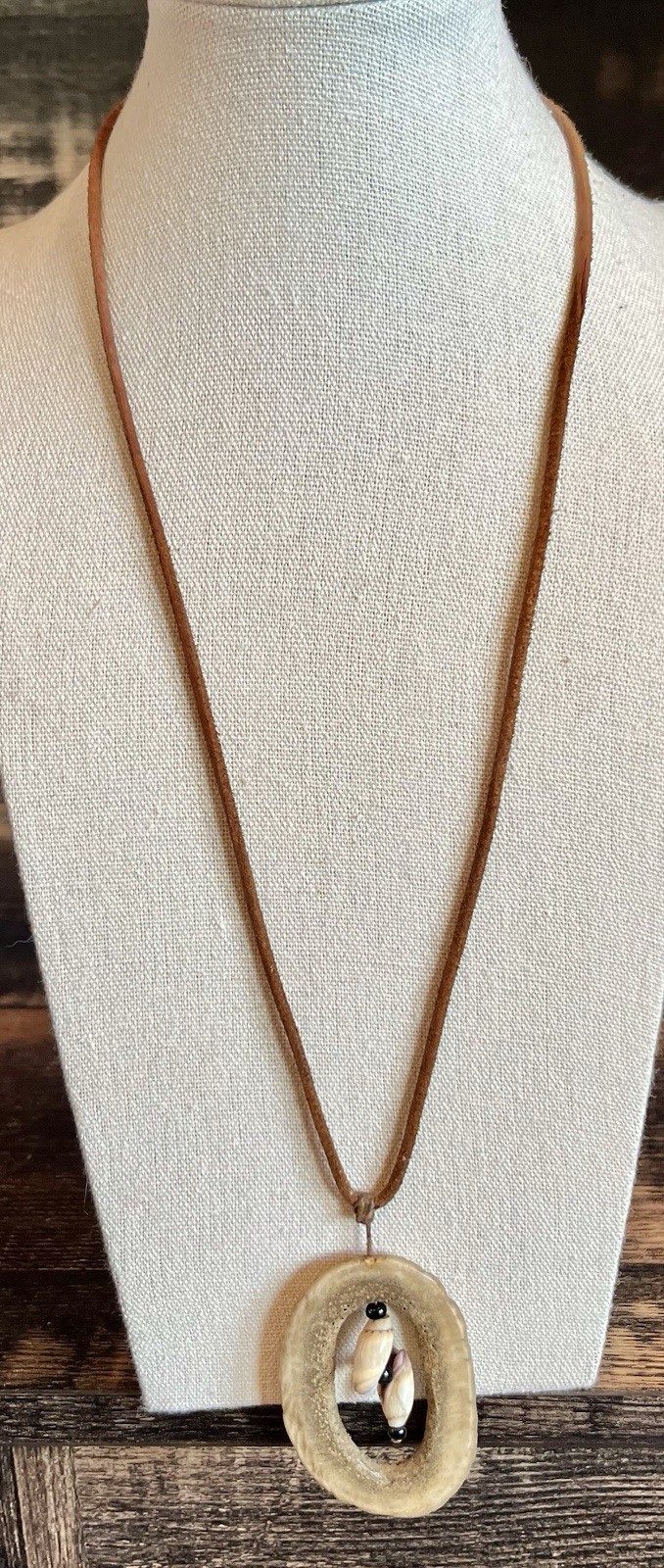 Vintage Deer Antler Slice Necklace Pendant With Hanging Shells Leather Cord
