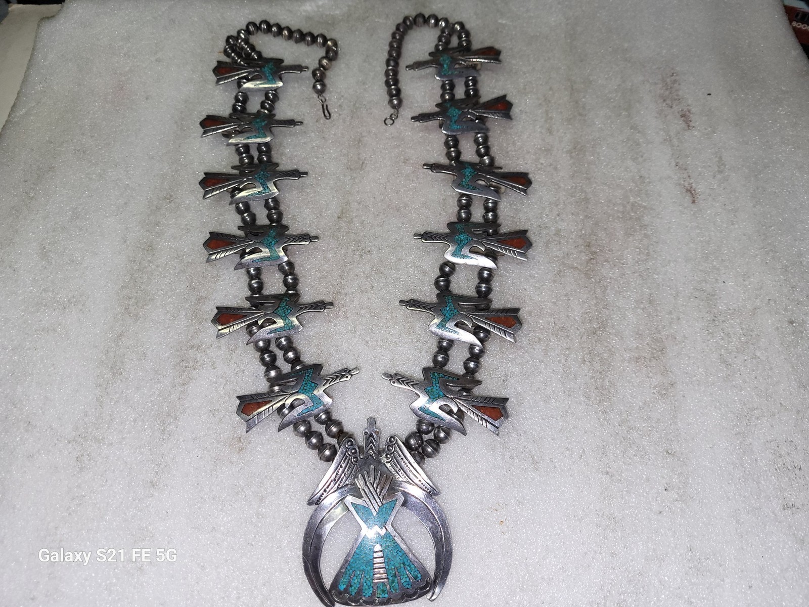 Navajo Tommy Singer Sterling Turquoise Thunderbird Squash Blossom Necklace 258 G