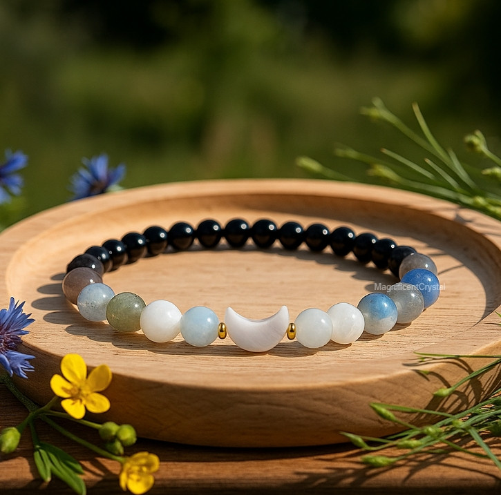 Pearl Moonstone Labradorite Bracelet Moon Phase Charm Crystal Healing Jewelry