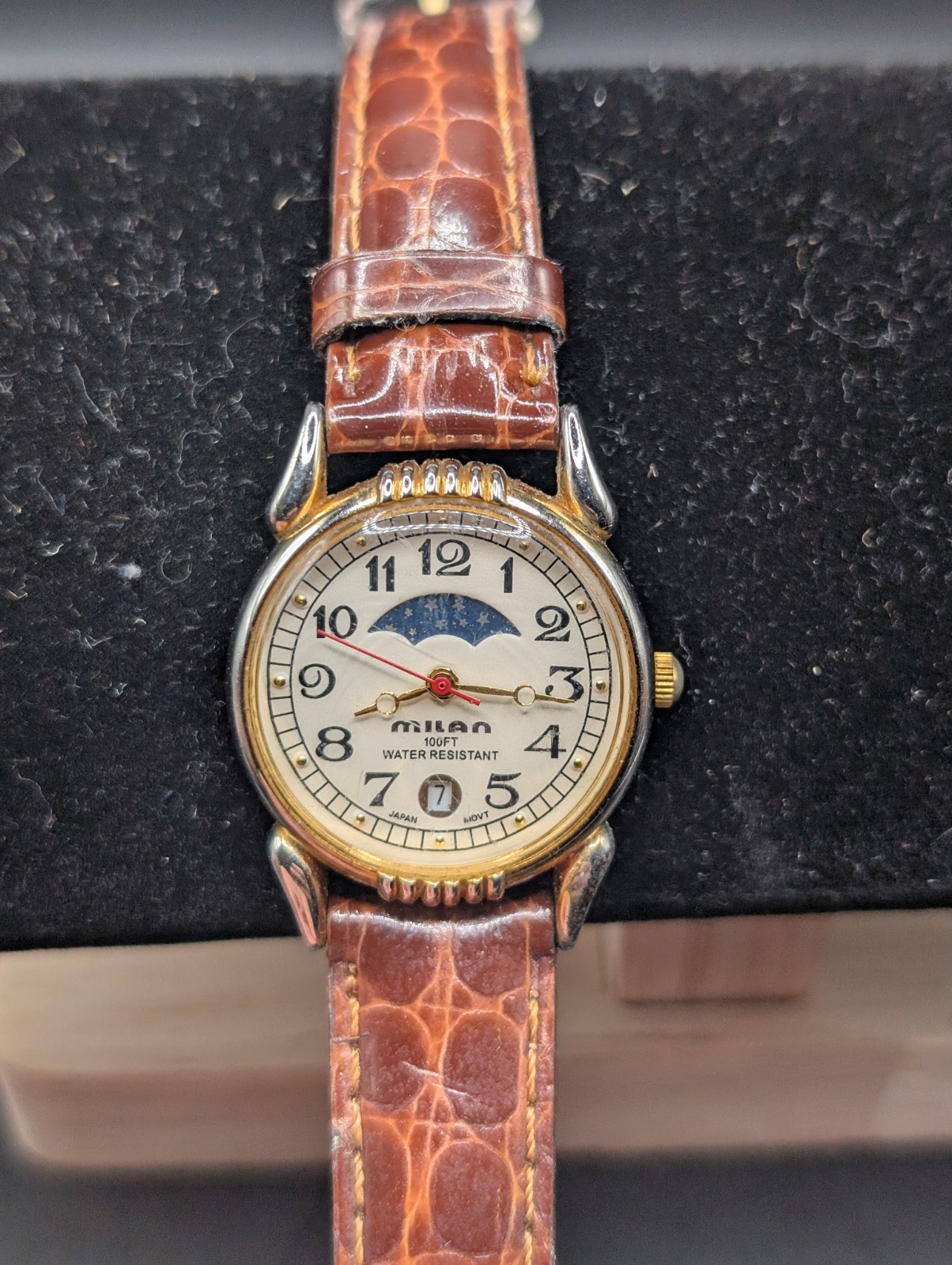 Milan Advance Moon Phase Date Quartz Watch Brown Leather Band 100FT Water Resist