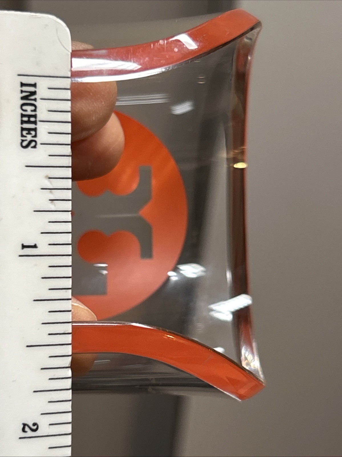 30. TORY BURCH White Clear Lucite Orange Logo Wide Cuff Bracelet 6 1/2″, 39.3g