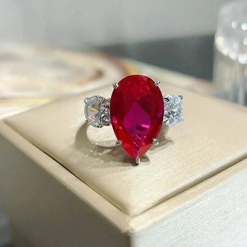 4.90 Ct Pear Cut Natural Red Ruby Diamond Proposal Ring 14K Solid White Gold 7